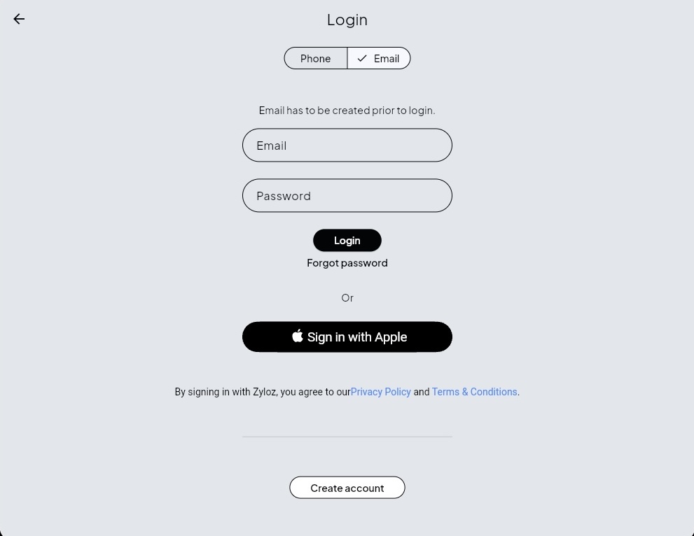 Zyloz app sign in screen